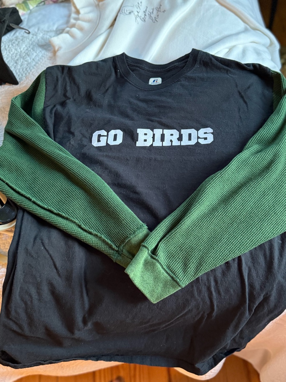 Russell Athletic Black Long Sleeve Tee with Green thermal Sleeves - GO BIRDS